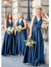 V Neck Navy Blue Satin Bridesmaid Dress